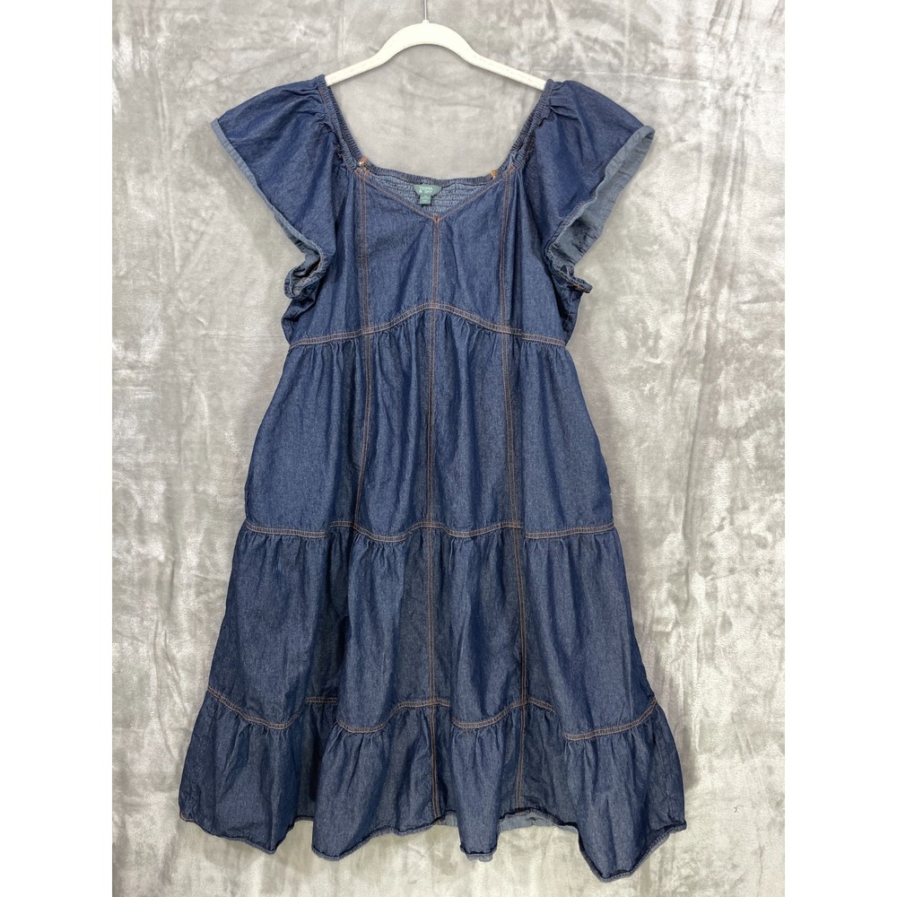 Terra & Sky Women's Plus Flutter Sleeve Midi Tiered Denim Dress Sz 1X (16w-18W)